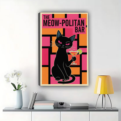 The Meowpolis Tippling Cat – Retro Urban Feline Wall Art on Natural Wood Canvas| W558