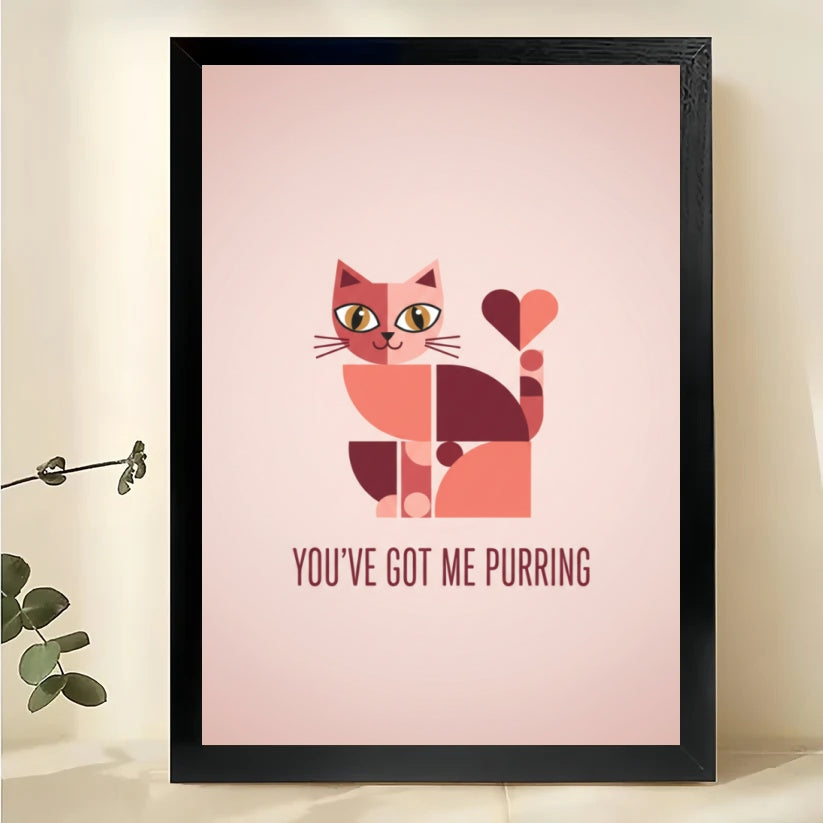 Romantic “You've Got Me Purring” Cat Couple Illustration – Soft Pink Wall Art on Natural Wood Canvas | W682