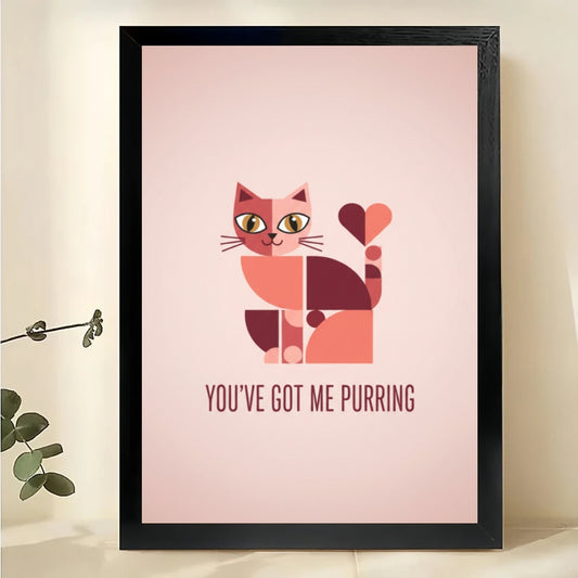 Romantic “You've Got Me Purring” Cat Couple Illustration – Soft Pink Wall Art on Natural Wood Canvas | W682