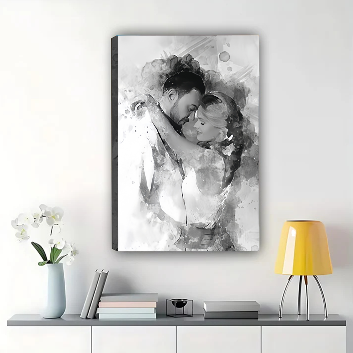 Custom Black and White Watercolor Portrait - Personalized Canvas Art