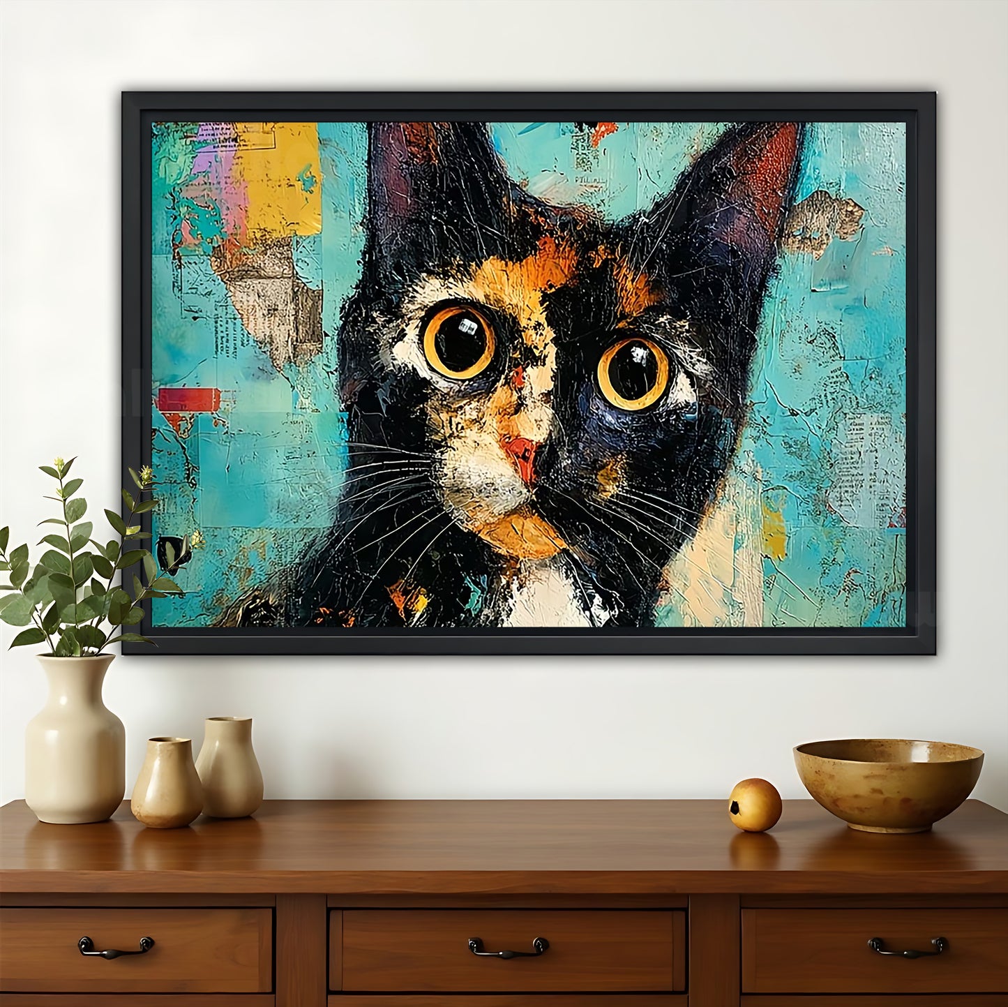 Abstract Tortoiseshell Cat – Vibrant Textured Wall Art on Natural Wood Canvas | W770