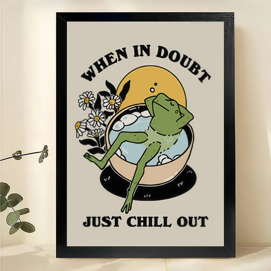 “When In Doubt Just Chill Out” Frog Bath – Relaxing Motivational Wall Art on Natural Wood Canvas | W776