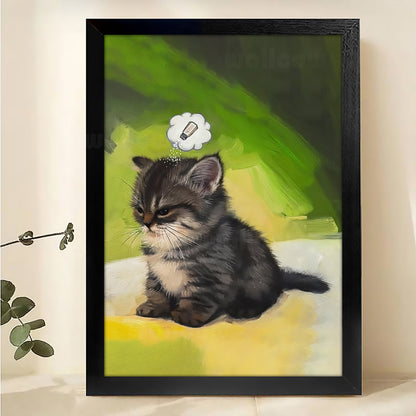 The Smoking Fluffy Kitten – Playful Painterly Wall Art on Natural Wood Canvas | W636