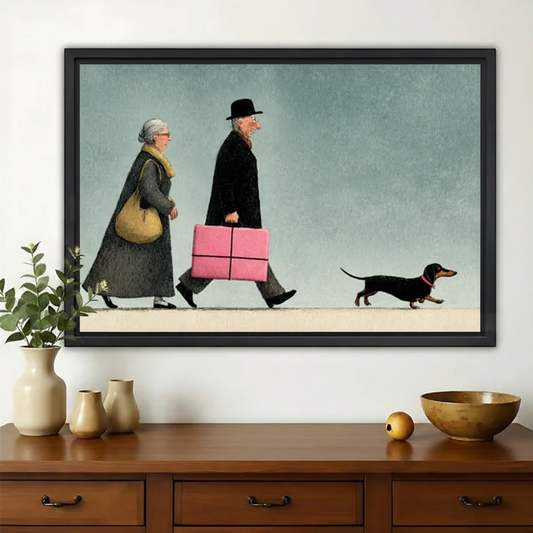 Elderly Couple and Dachshund Wall Art – Charming Whimsical Canvas Print on Natural Wood Frame | W2252