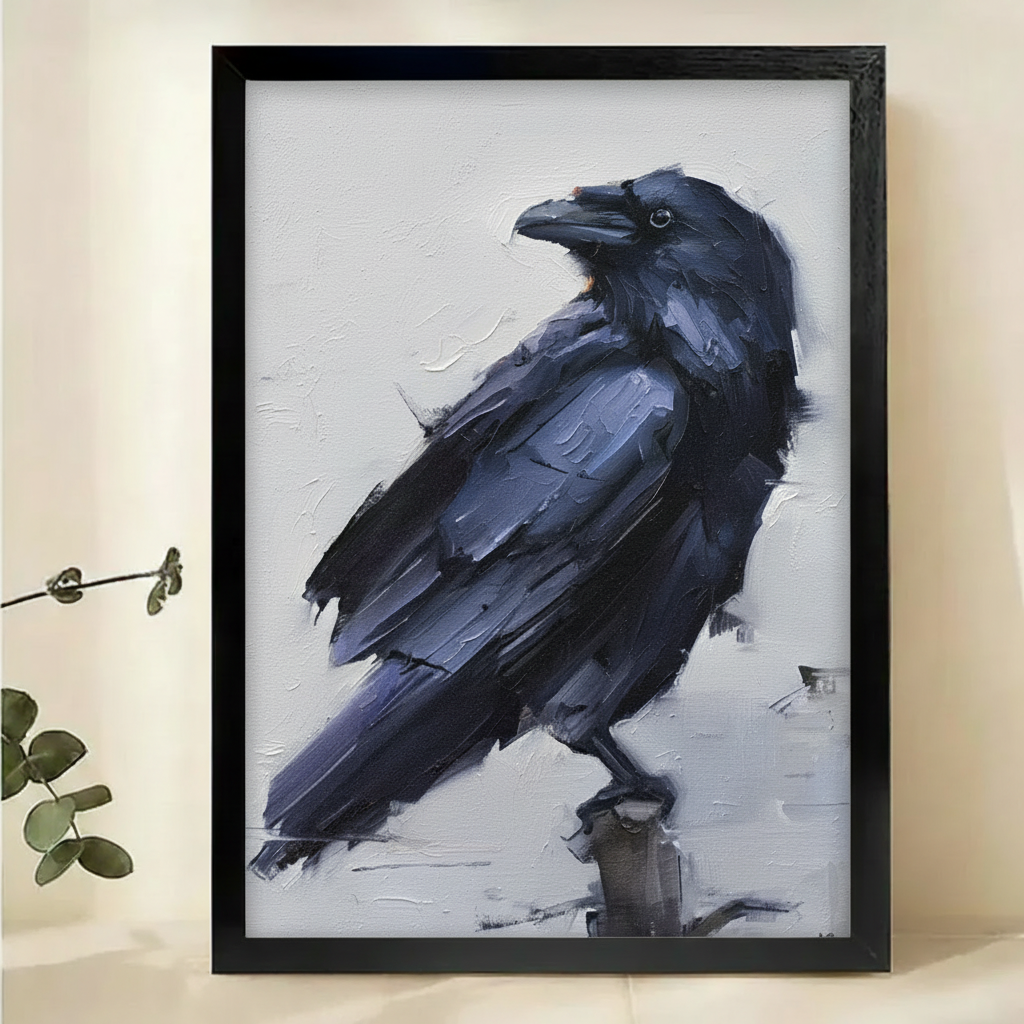 Raven Portrait Wall Art – Dark Academia Impasto Oil Painting Canvas Print on Natural Wood Frame | W2173