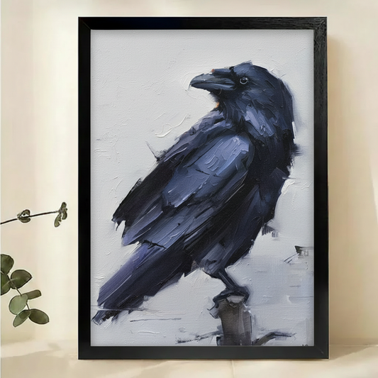 Raven Portrait Wall Art – Dark Academia Impasto Oil Painting Canvas Print on Natural Wood Frame | W2173
