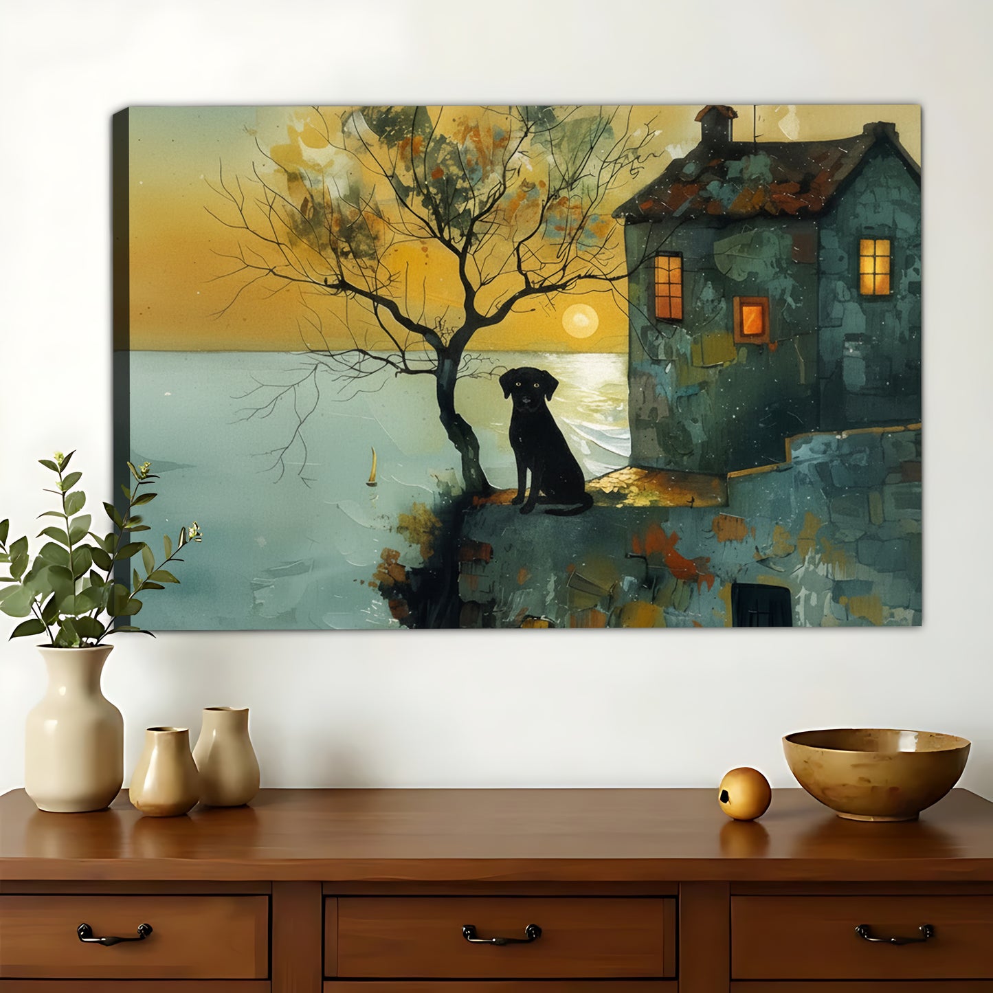 Seaside Cottage Black Dog – Warm Sunset Wall Art on Natural Wood Canvas | W870