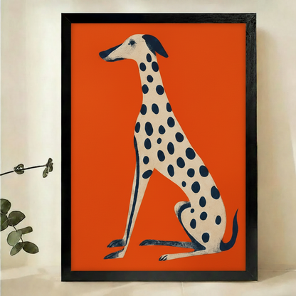 Spotted Greyhound Wall Art – Bold Retro Graphic Dog Canvas Print on Natural Wood Frame | W2270