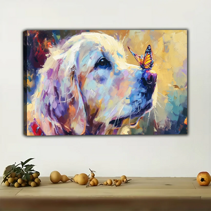 Dog and Butterfly Abstract Canvas Art - Colorful Modern Wall Decor|W1182