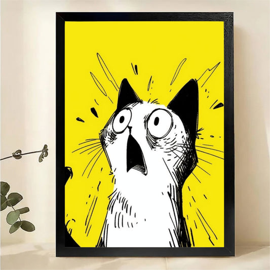 Shocked Cat Wall Art - Funny Yellow Pop Art Print|W1267