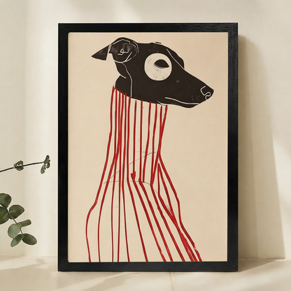 Greyhound with Red Lines Wall Art – Abstract Expressionist Dog Canvas Print on Natural Wood Frame | W2162