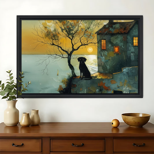 Seaside Cottage Black Dog – Warm Sunset Wall Art on Natural Wood Canvas | W870