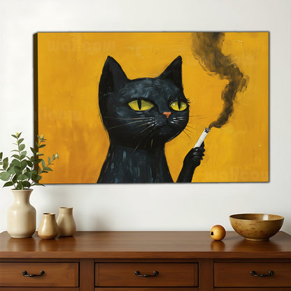 Retro Smoking Black Cat – Bold Yellow Background Wall Art on Natural Wood Canvas | W771