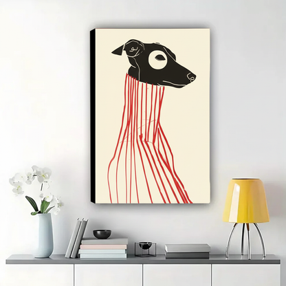 Greyhound with Red Lines Wall Art – Abstract Expressionist Dog Canvas Print on Natural Wood Frame | W2162