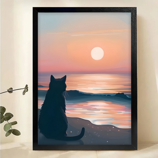 Cat Watching Sunset on Beach Canvas Art - Ocean Silhouette Wall Print|W1157