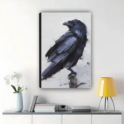 Raven Portrait Wall Art – Dark Academia Impasto Oil Painting Canvas Print on Natural Wood Frame | W2173