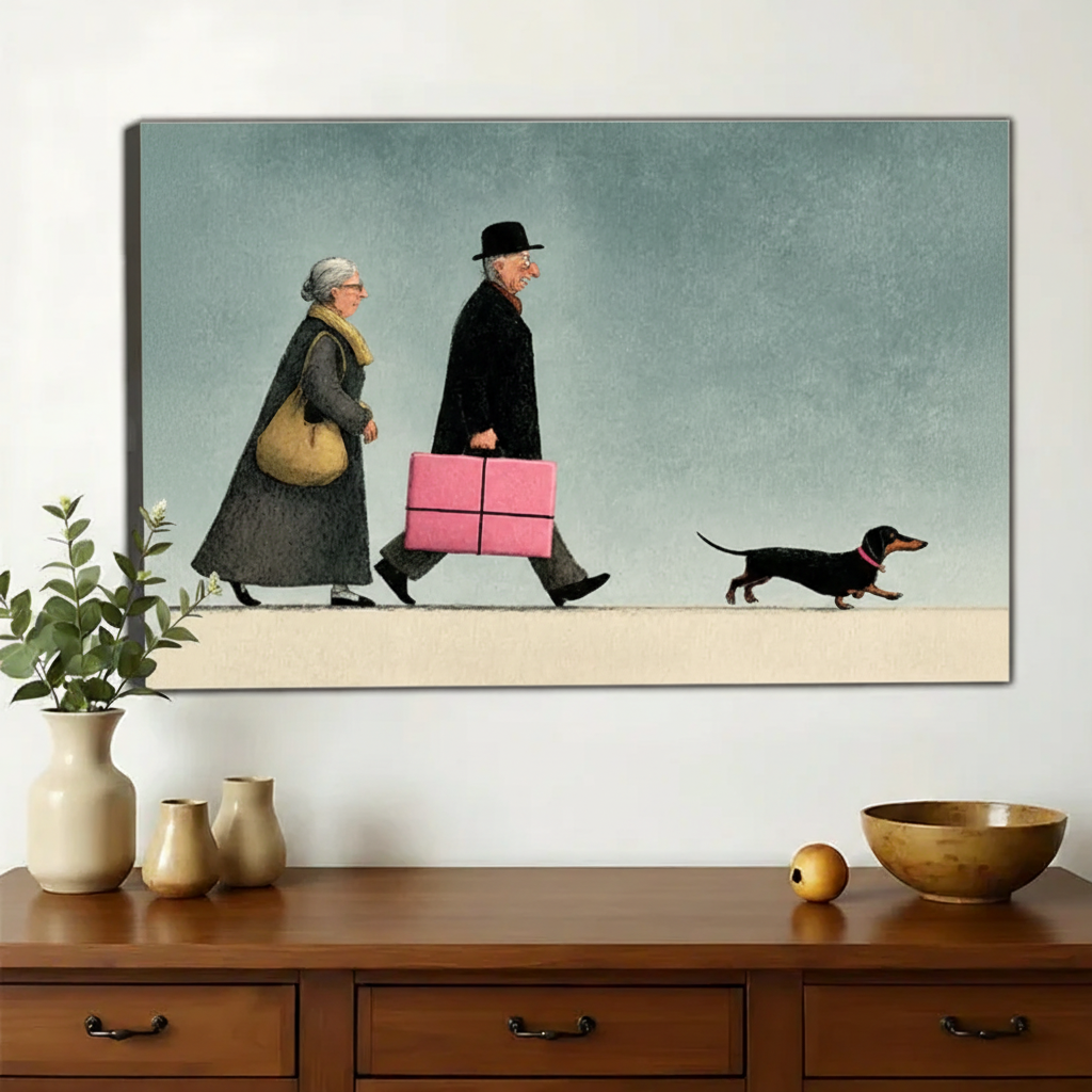 Elderly Couple and Dachshund Wall Art – Charming Whimsical Canvas Print on Natural Wood Frame | W2252