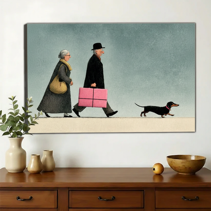 Elderly Couple and Dachshund Wall Art – Charming Whimsical Canvas Print on Natural Wood Frame | W2252