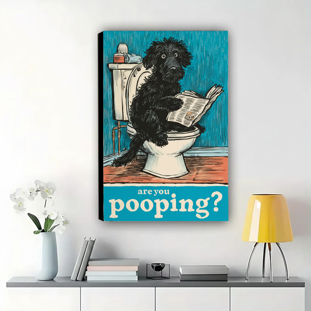 Are You Pooping? Funny Dog Wall Art – Vintage Woodcut Bathroom Canvas Print on Natural Wood Frame | W2099