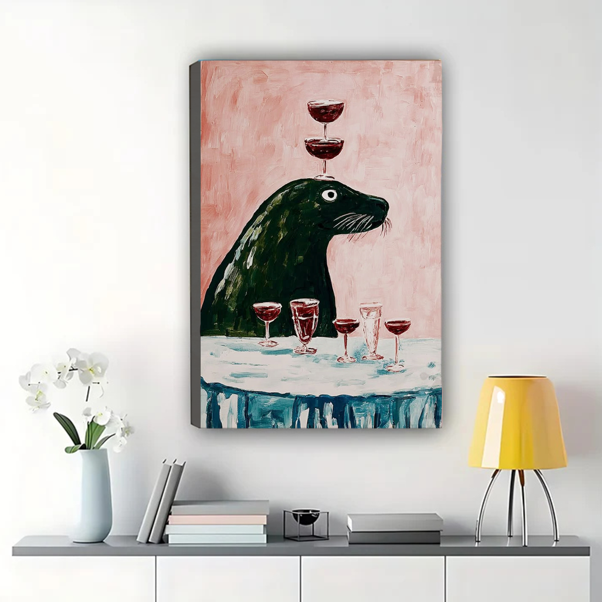 Seal Balancing Wine Glasses Wall Art – Funny Animal Canvas|W1459