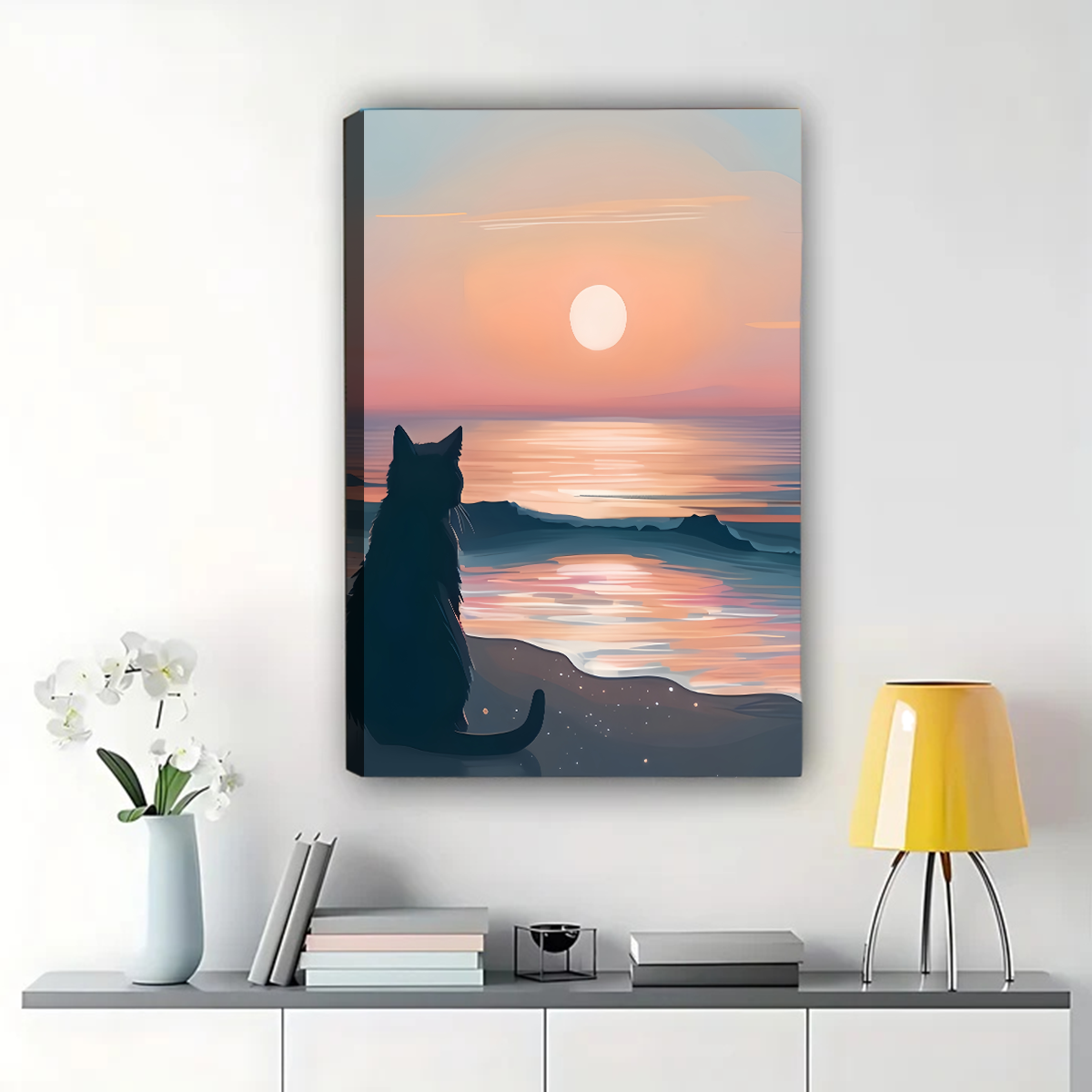 Cat Watching Sunset on Beach Canvas Art - Ocean Silhouette Wall Print|W1157