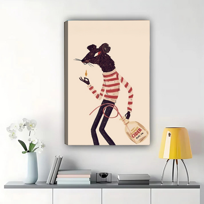 Mouse with Cider Bag Wall Art - Whimsical Folk Art Print|W1252