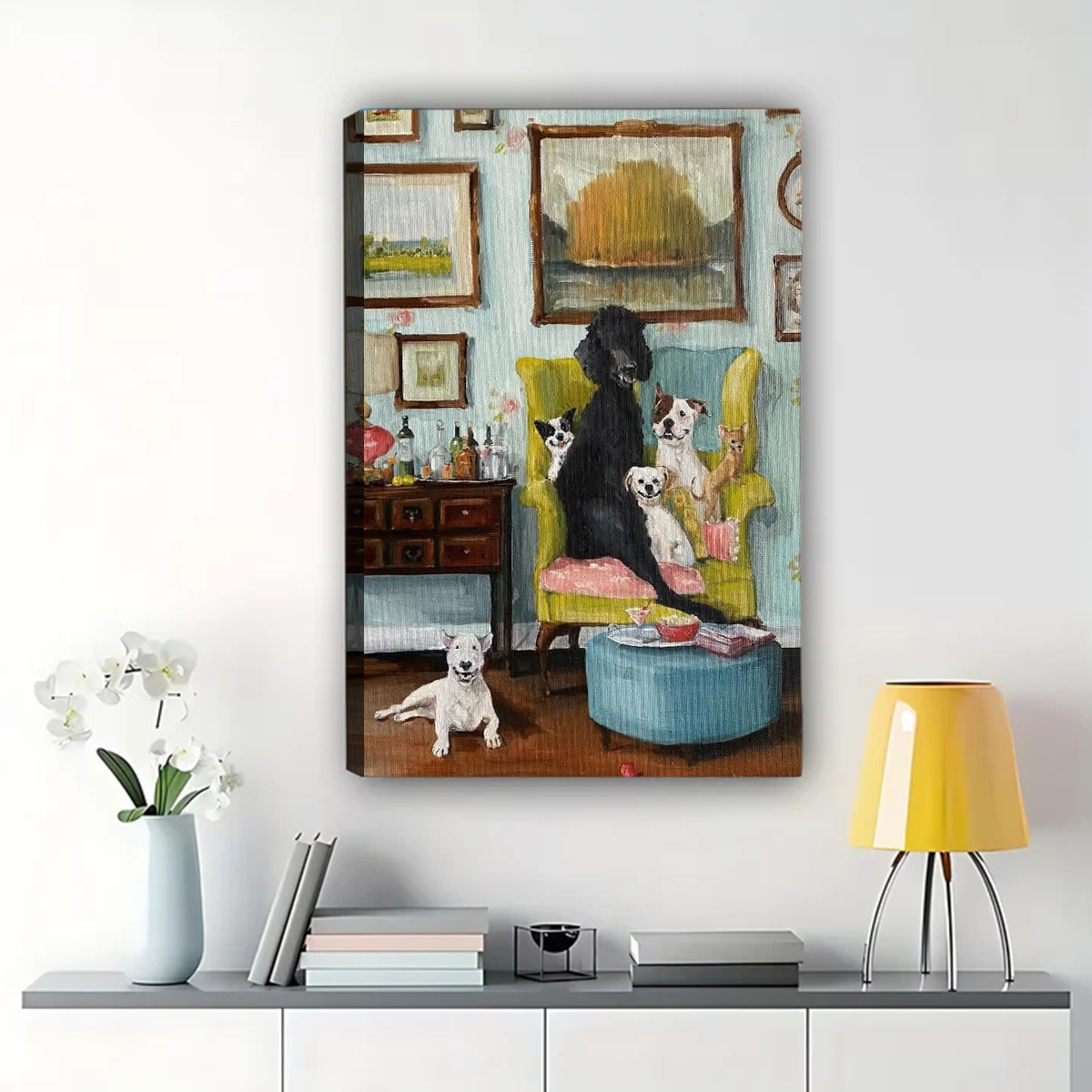 Dog Party Living Room Wall Art - Whimsical Poodle Print|W1281