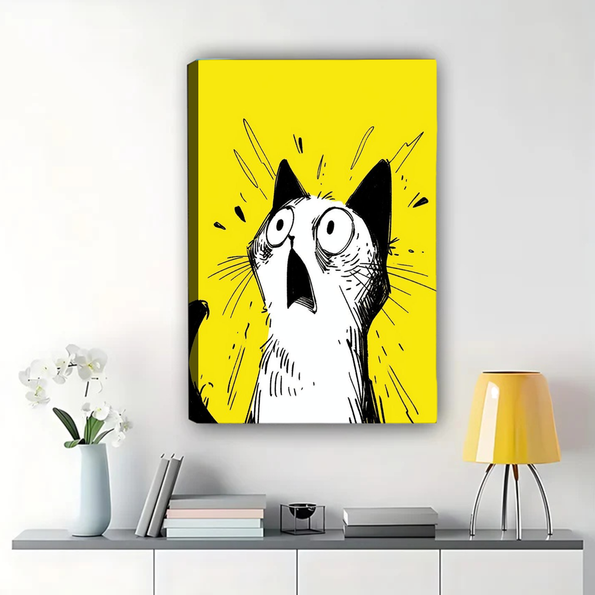 Shocked Cat Wall Art - Funny Yellow Pop Art Print|W1267