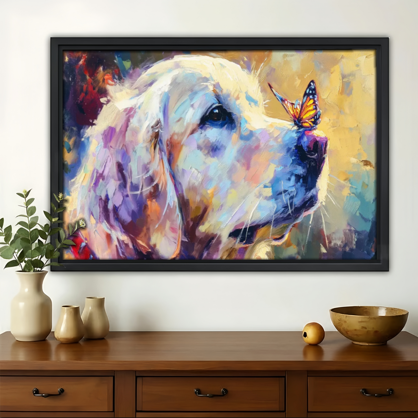 Dog and Butterfly Abstract Canvas Art - Colorful Modern Wall Decor|W1182