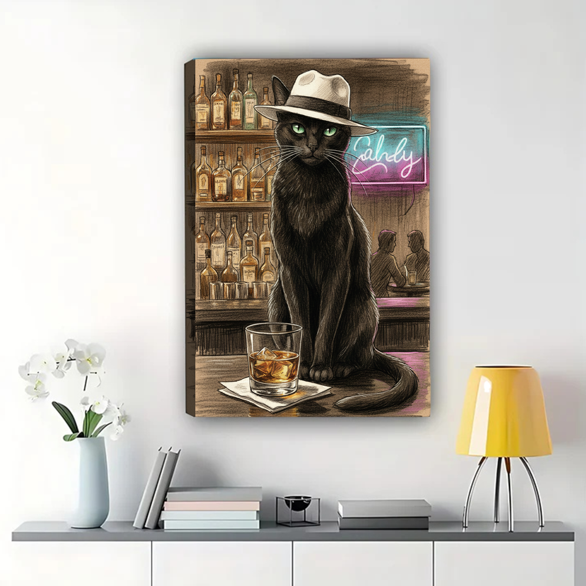 Cool Cat at Bar Wall Art - Vintage Whiskey Print|W1283