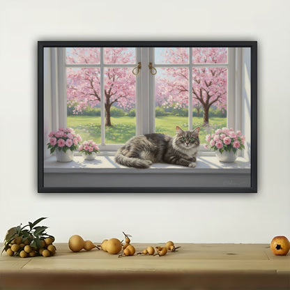 The Romantic Cherry Blossom Twin Cats – Cozy Wall Art on Natural Wood Canvas | W574