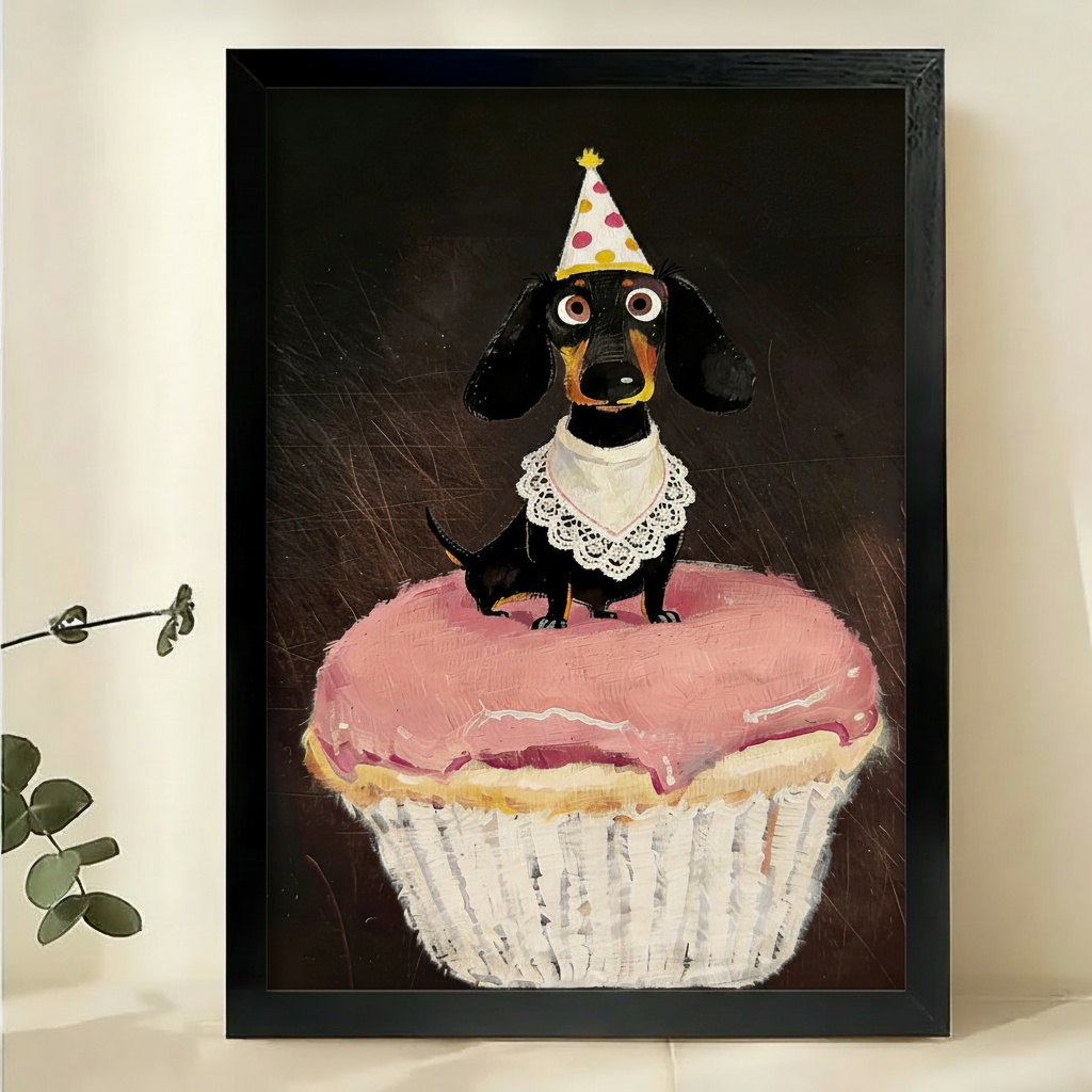 腊肠犬生日派对艺术品黑框特写