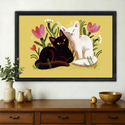 黑白双猫与花朵画-黑框特写