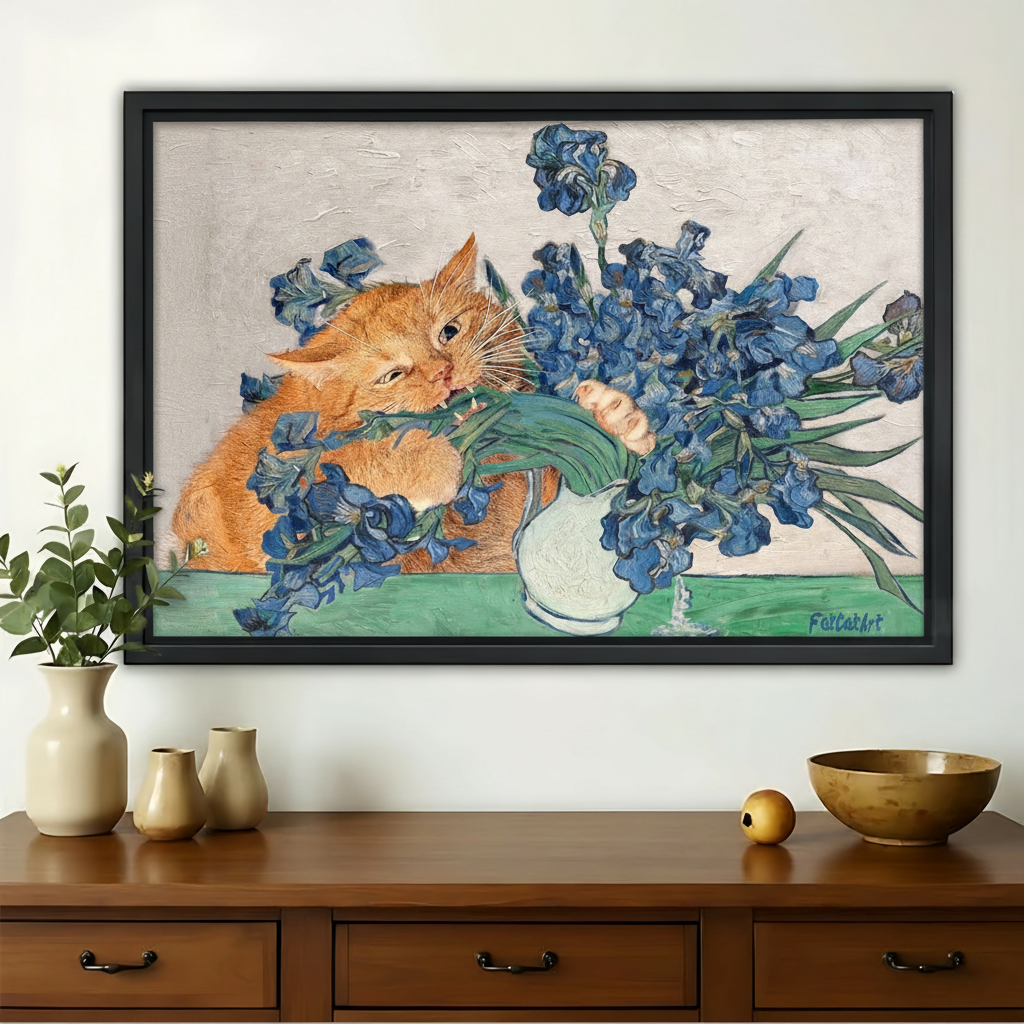 橙猫与蓝色鸢尾花画-黑框特写