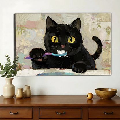 黑猫刷牙艺术画-无框画布