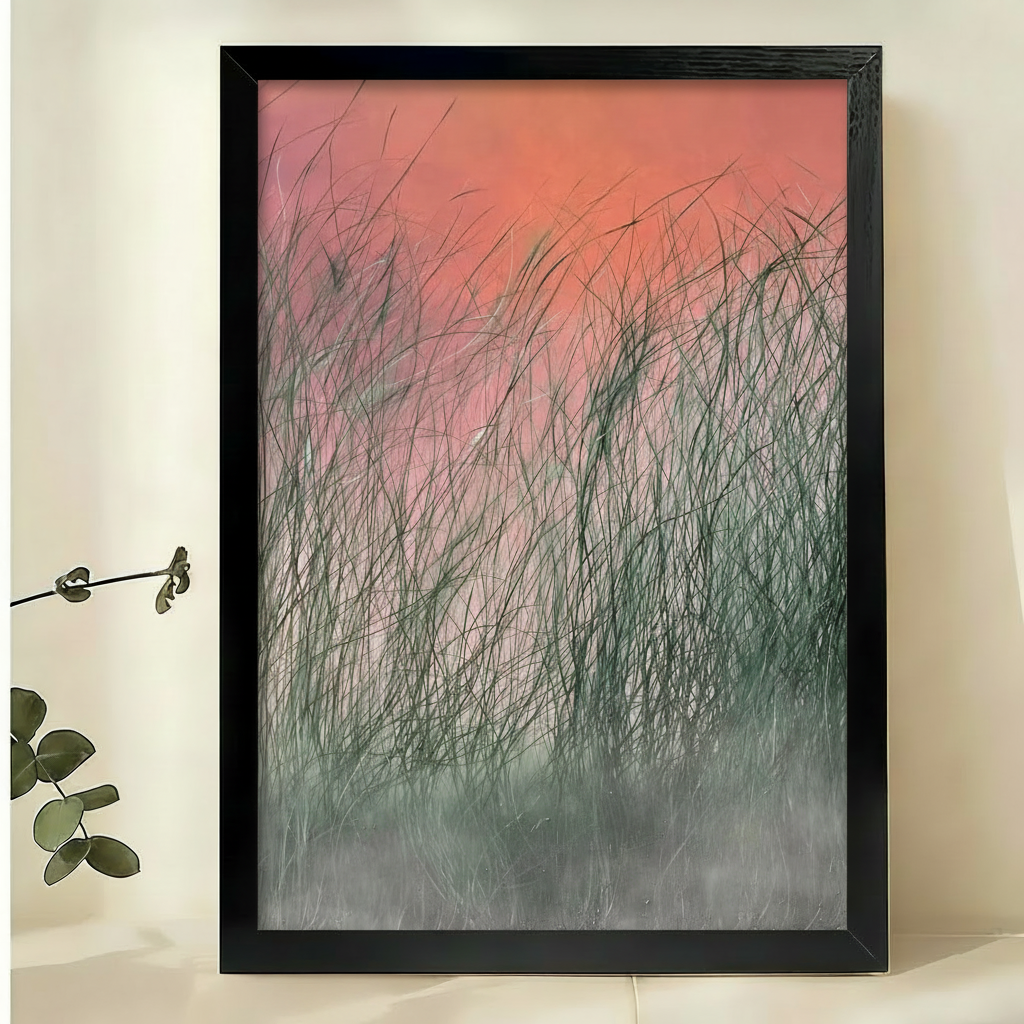 粉橙渐变芦苇草画作-黑色木框场景