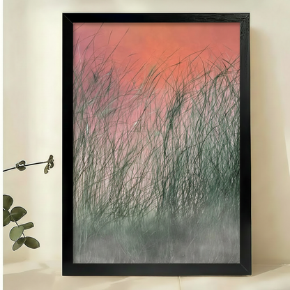 粉橙渐变芦苇草画作-黑色木框场景