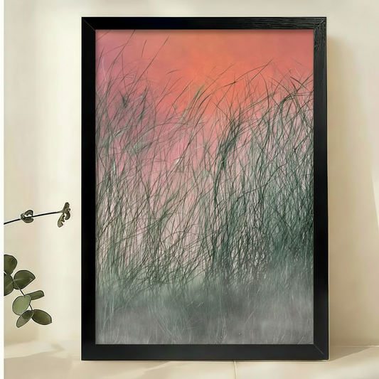 粉橙渐变芦苇草画作-黑色木框场景