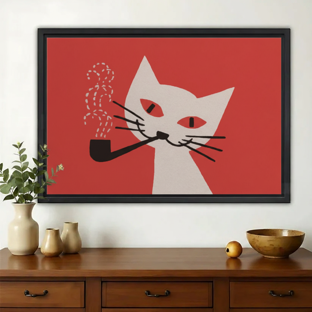 红底白猫叼烟斗画作-黑框