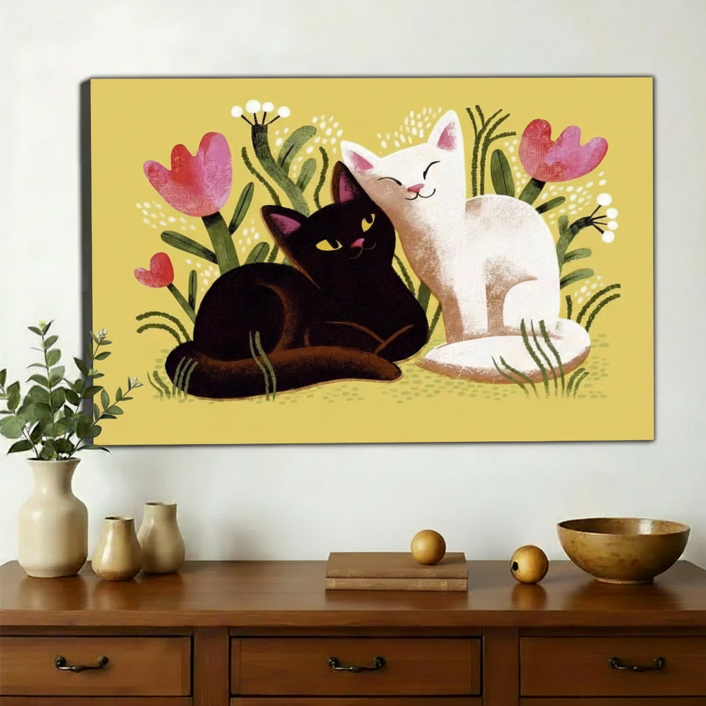 黑白双猫与花朵画-详情页-重新生成