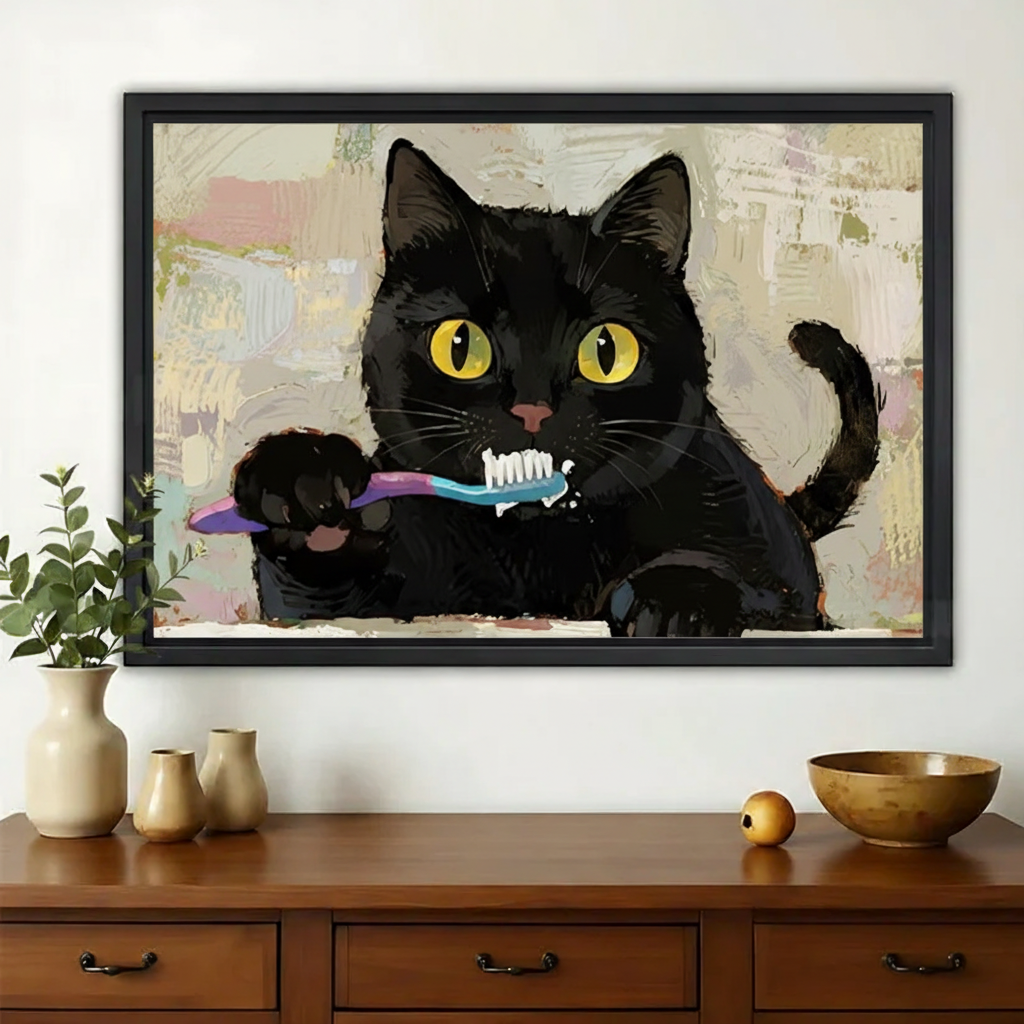 黑猫刷牙艺术画-黑色木框-正方形