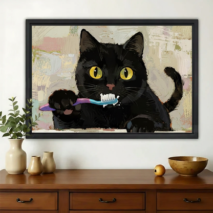 黑猫刷牙艺术画-黑色木框-正方形
