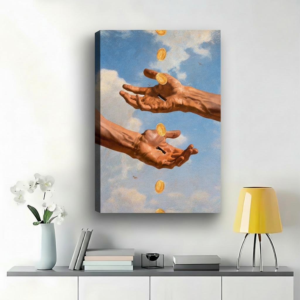 金币与双手画作-内绷画布场景
