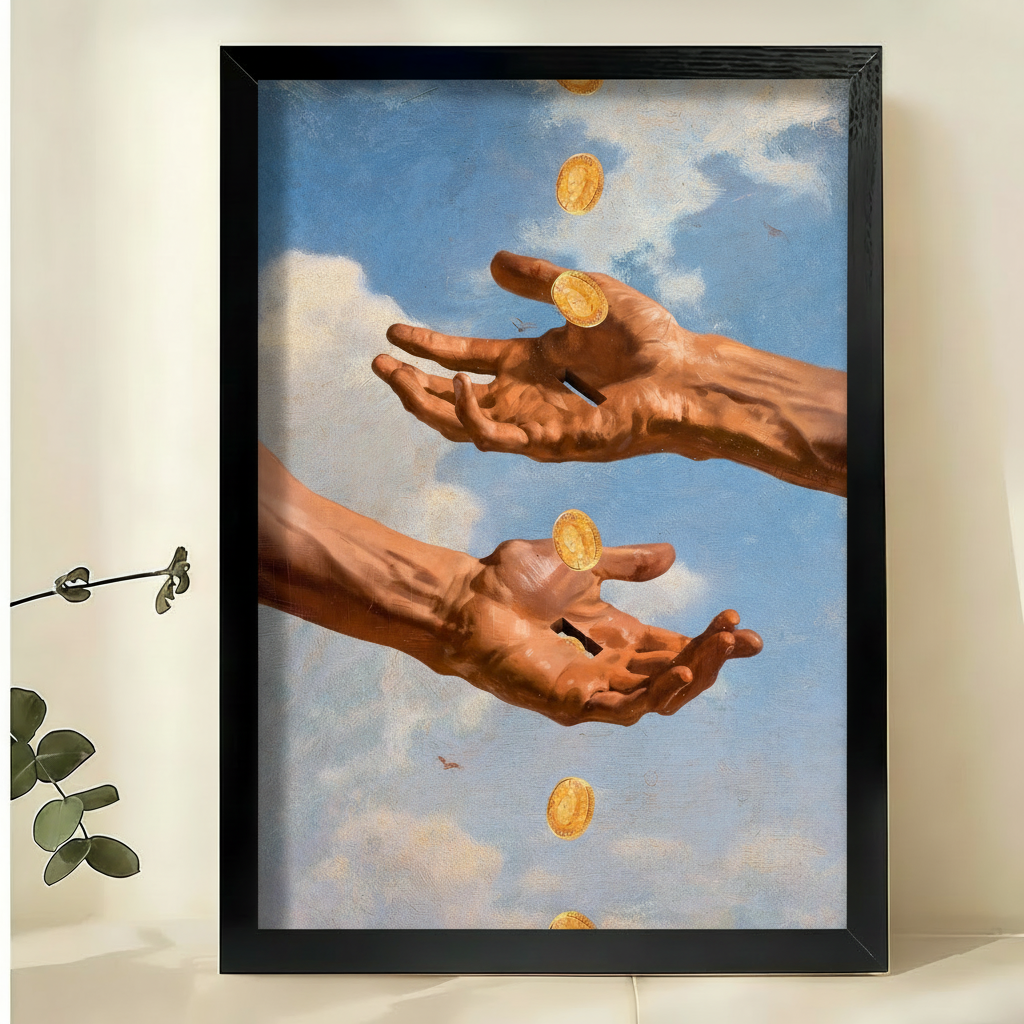金币与双手画作-黑色木框场景