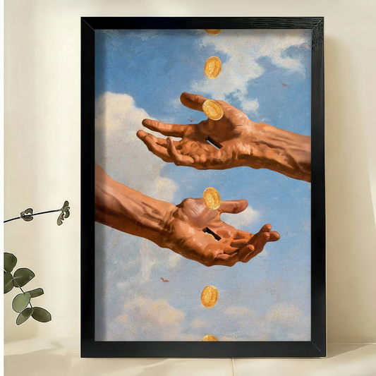 金币与双手画作-黑色木框场景
