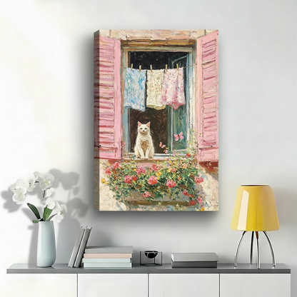 窗台猫咪与晾衣绳画作-内绷画布场景