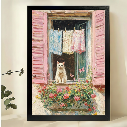 窗台猫咪与晾衣绳画作-黑色木框场景
