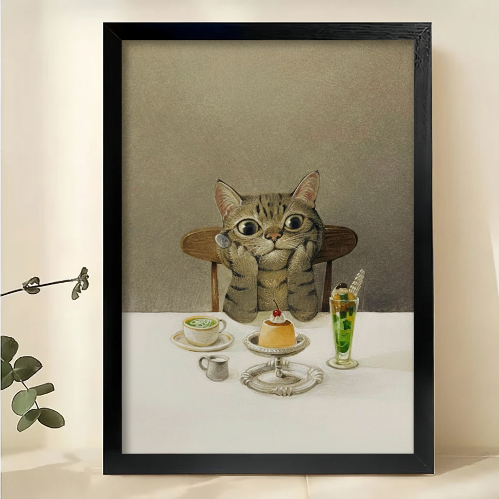 虎斑猫下午茶艺术品黑框特写