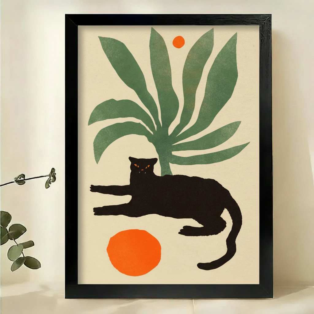 黑猫与绿色植物画-黑框特写