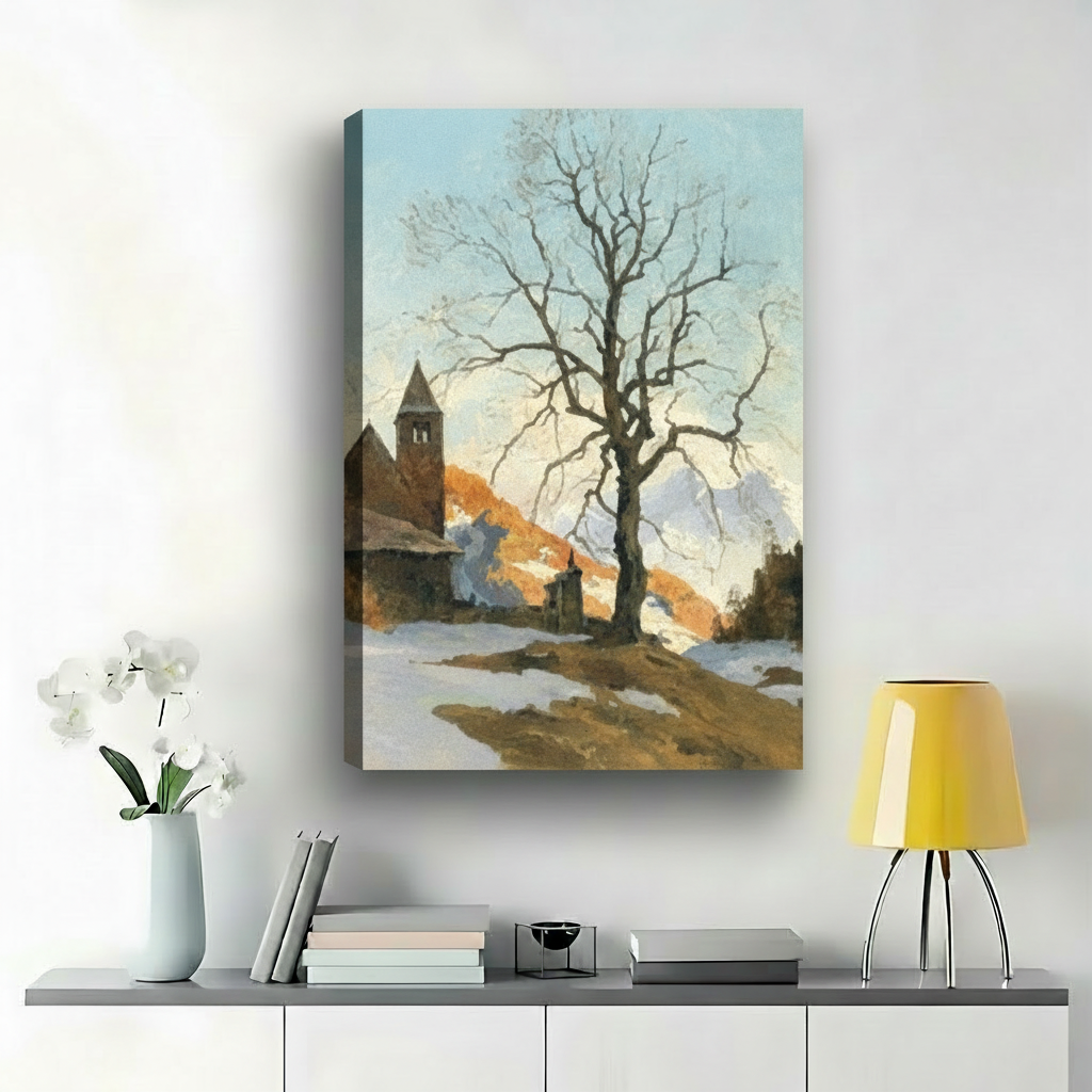 冬日教堂雪景画-内绷画布场景